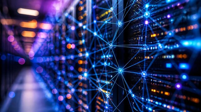 A high-tech data center with illuminated servers and interconnected digital nodes.