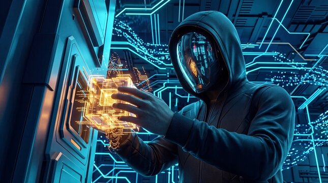 Futuristic hacker in a digital visor helmet manipulates a glowing orange data cube inside a high-tech blue server room.