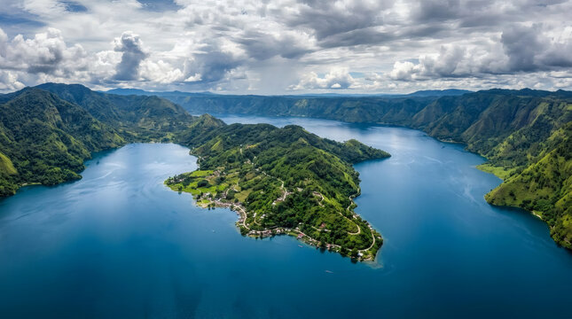 Aerial View of a Volcanic Lake Island and Lush Mountain Landscape Under Dramatic Clouds