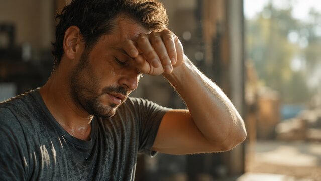 Male worker in gray t-shirt wipes sweat from forehead while resting in a workshop, with blurred tools and machinery visible in the background, illuminated by natural light from open garage doors