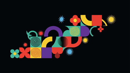 Fototapeta premium Abstract geometric pattern with colorful shapes and symbols.