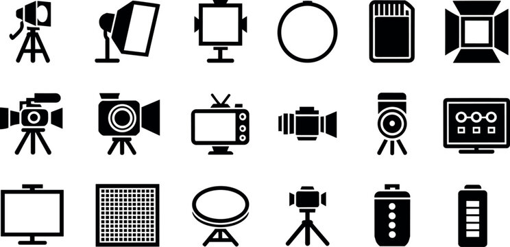 Professional photography and videography equipment icon set featuring cameras lighting gear memory cards and studio production tools