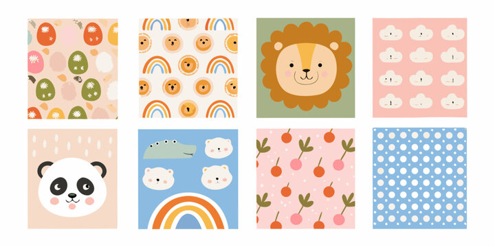 pastel colored nursery wall art collection featuring cute animals and patterns lion panda crocodile rainbow cherries eggs
