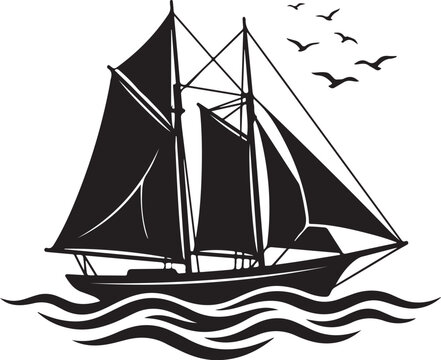 Vintage sailing ship silhouette on ocean waves, nautical schooner sailboat vector icon, black and white maritime vessel with seagulls