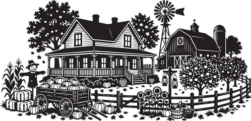 Naklejka premium Vintage farm landscape vector illustration, rustic farmhouse with barn and windmill, autumn harvest scene with pumpkins and scarecrow