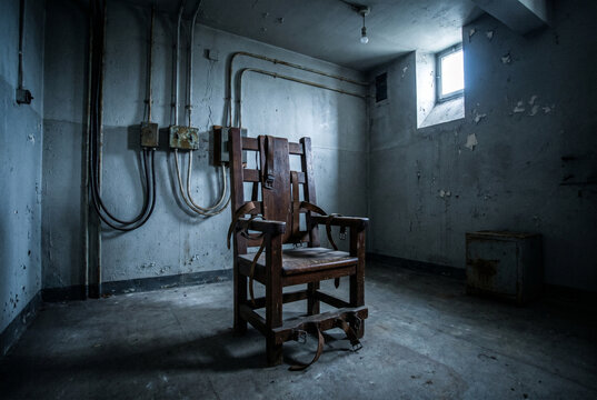 Empty electric chair in dark room symbolizing World Day Against the Death Penalty  