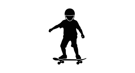 Silhouette of a young boy riding a skateboard isolated on white background. © hasan