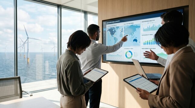 Business team analyzing offshore wind farm data on large screen, renewable energy strategy planning meeting with ocean view background