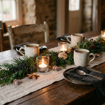 Rustic Holiday Table Setting with Candles and Evergreen Garland