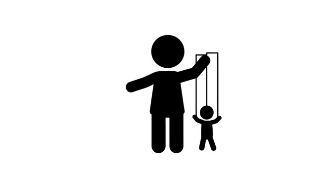 A pictogram illustration of a person controlling a small puppet with strings.