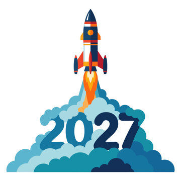 A colorful rocket ship launches into the future year ahead