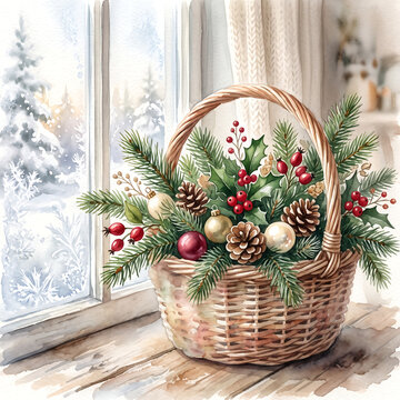 Watercolor Christmas Basket with Pine Branches by Frosted Window