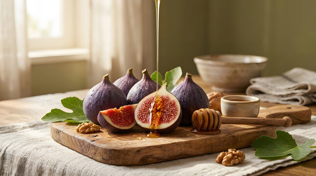 Fresh figs and walnuts with honey on a wooden board