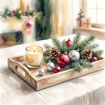 Watercolor Christmas Centerpiece with Candle and Ornaments on Wooden Tray