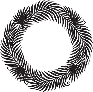 Black feather wreath, tropical leaf circle, vector border, floral frame