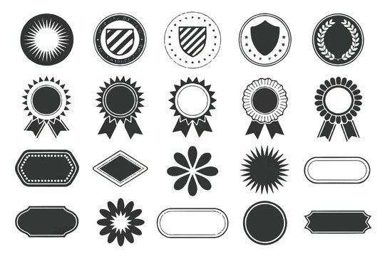A collection of 15 minimalist black and white emblems and labels on a clean white background with various shapes and designs.