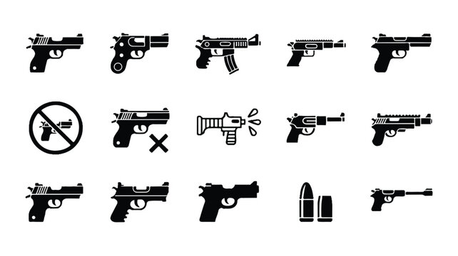 A collection of various firearms and gun icons arranged neatly