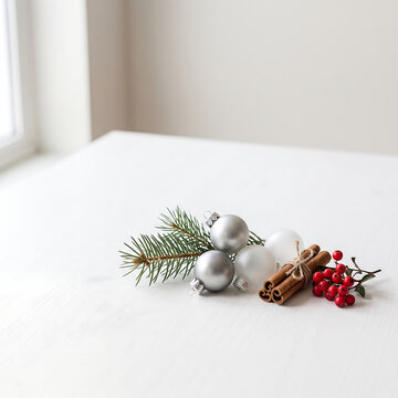 Minimal Christmas Still Life with Ornaments, Pine Branch and Cinnamon