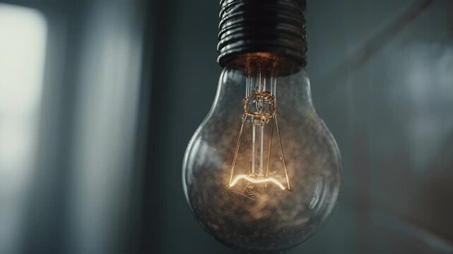 Vintage incandescent light bulb glowing with warm filament hanging in dim room
