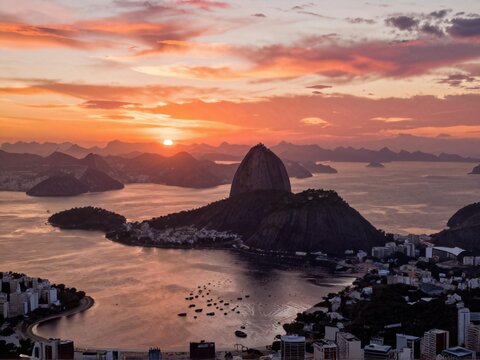 Aerial Sunset View of Sugarloaf Mountain and Guanabara Bay