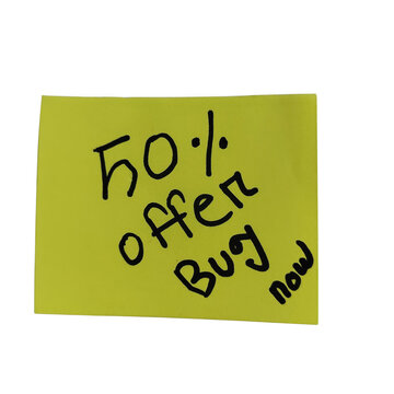 Yellow sticky note with half off sale sign isolated on transparent background
