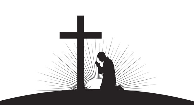 Silhouette of a person kneeling in prayer before a cross with sun rays shining depicts person spirituality religion devotion serenity worship