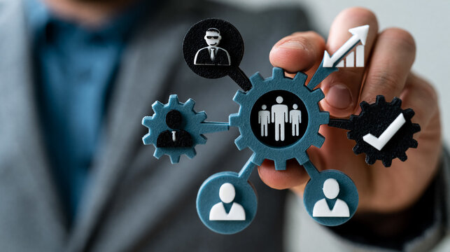 Businessman holding gear icon with team and growth symbols