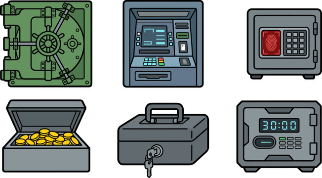 Bank security and money storage vector illustration set with vault door ATM digital safes and coin box isolated on white background