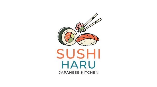 Sushi haru logo design featuring maki roll and nigiri with wooden chopsticks art concept.