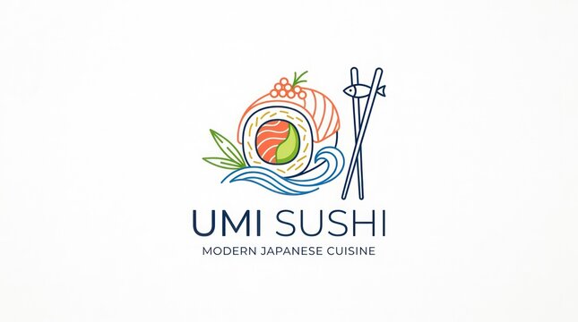 Umi sushi modern japanese cuisine branding logo with fish chopstick and wave icon symbol.