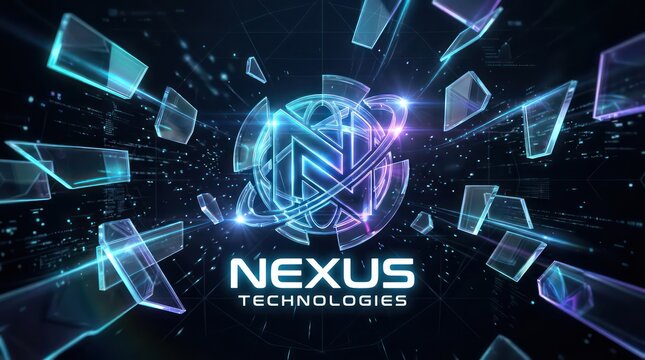 Abstract technology background featuring glowing nexus logo with floating digital shards.