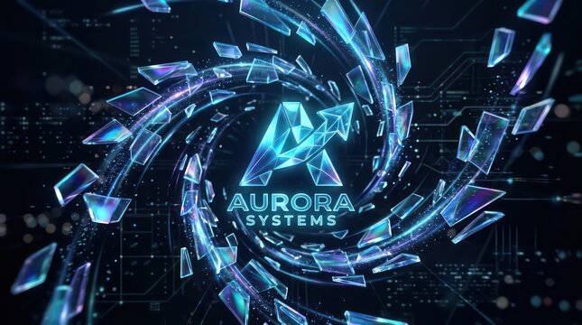 High tech abstract background with aurora systems logo and rotating shards of glass.