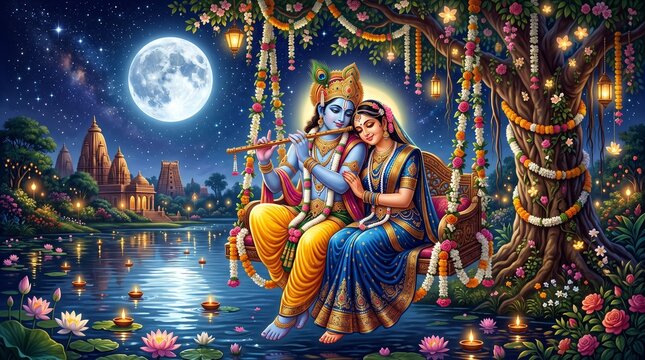 Divine Radha and Krishna sitting together on a floral swing under the full moon