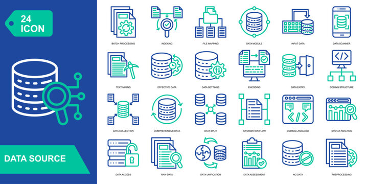 Data Source icon collection set. Batch Processing,Indexing,File Mapping,Data Module. Line Color vector icons