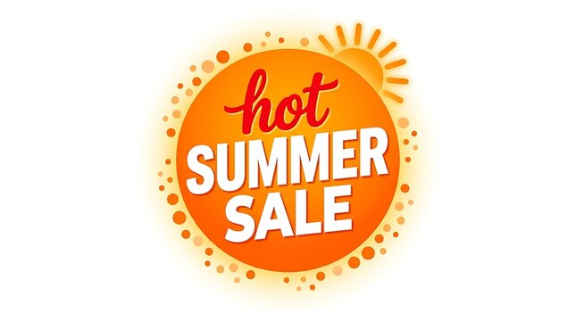 Vibrant hot summer sale banner with sunburst design. Bright orange and red discount promotion graphic for retail. Eye-catching seasonal marketing t...
