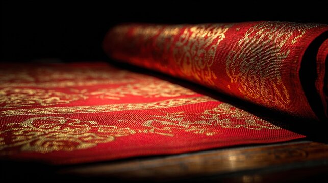 chador. Traditional Assamese silk garment with gold and red patterns on dark background. event programs, museum guides, designed for cultural heritage projects and event programs.