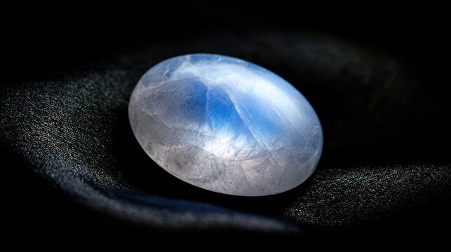 culpability. A moonstone gemstone glowing softly on dark fabric, close-up view. STEM education sheets, lab safety posters, designed for STEM education and laboratory safety posters.