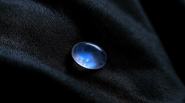 culpability. A moonstone gemstone glowing softly on dark fabric, close-up view. STEM education sheets, lab safety posters, designed for STEM education and laboratory safety posters.