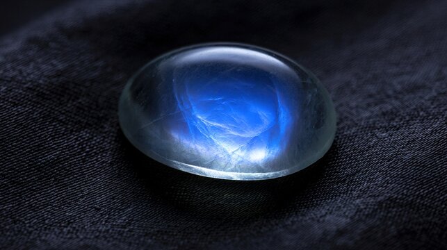 culpability. A moonstone gemstone glowing softly on dark fabric, close-up view. STEM education sheets, lab safety posters, designed for STEM education and laboratory safety posters.
