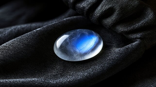 culpability. A moonstone gemstone glowing softly on dark fabric, close-up view. STEM education sheets, lab safety posters, designed for STEM education and laboratory safety posters.