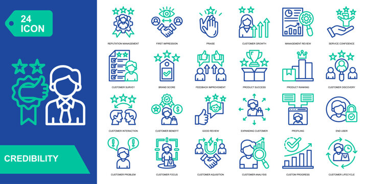 Credibility icon collection set. Reputation Management,First Impression,Praise,Customer Growth. Line Color vector icons
