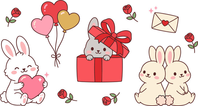 Cute bunny rabbit valentines day vector element set featuring heart balloon love letter envelope red roses and gift box surprise