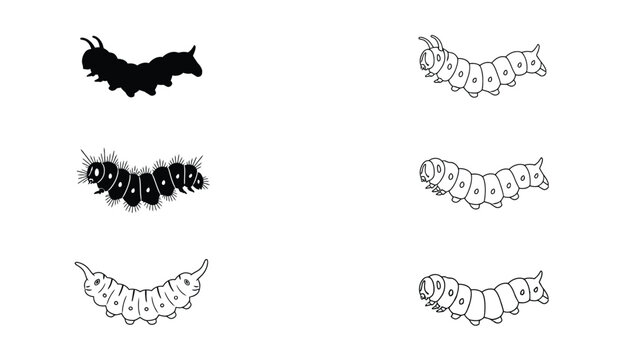Caterpillar Insect Larvae Set with Various Styles of Black and White Worm-Like Creatures on a Blank Background