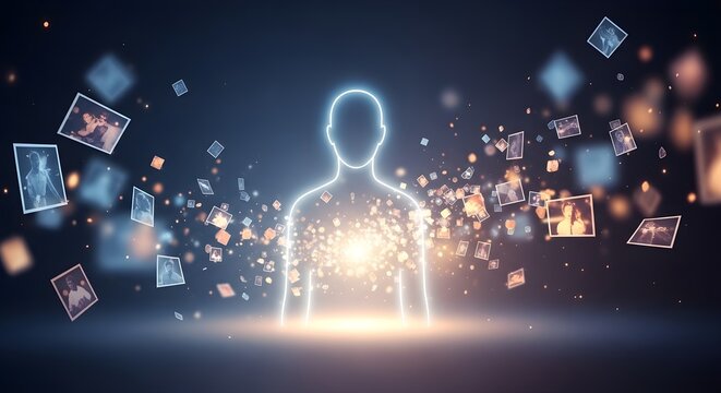 Futuristic Digital Human Silhouette with Ethereal Glow, Representing Data, Memories, and Information Flow in the Age of AI and Consciousness