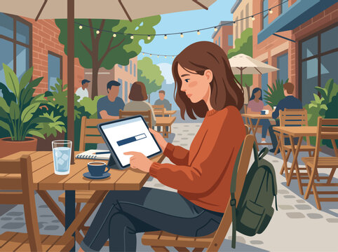 A young woman patiently waits for slow internet while using a tablet outdoors. She?s dressed casually, enjoying a sunny street cafe scene.  Focus on the relatable frustration.