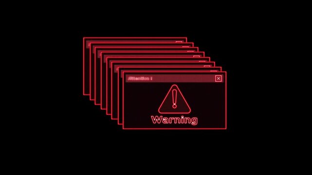 A stack of red warning pop-up windows with exclamation icons appearing on a dark digital computer interface screen.