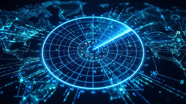 Futuristic Global Radar Screen HUD Interface Scanning Digital World Map and Cyber Network Data