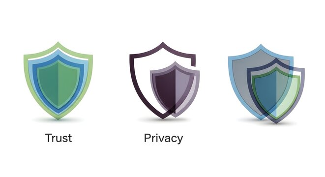 Digital security concepts: three stylized shield icons representing trust, privacy, and data protection on a clean white background.