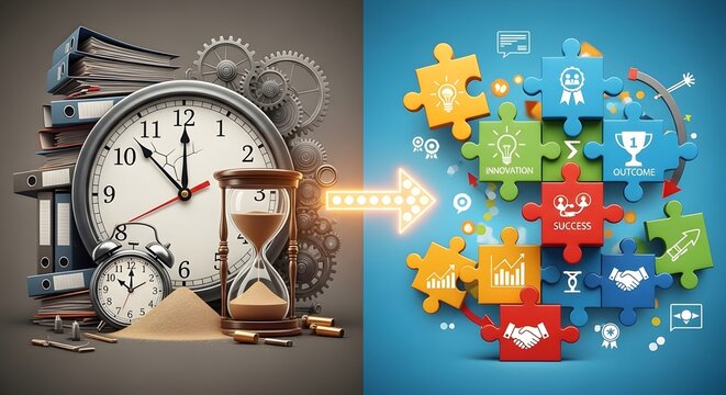 Time Management to Teamwork: Clock, hourglass, gears transform into colorful puzzle pieces with icons representing success