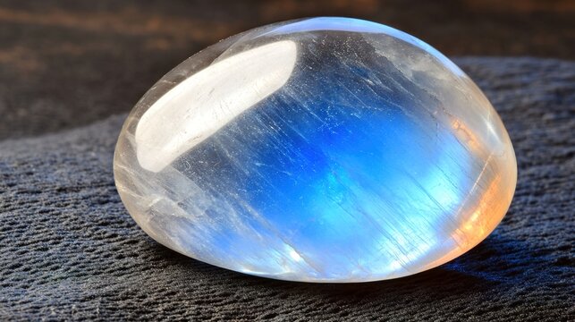 culpability. A moonstone gemstone glowing softly on dark fabric, close-up view. STEM education sheets, lab safety posters, designed for STEM education and laboratory safety posters.